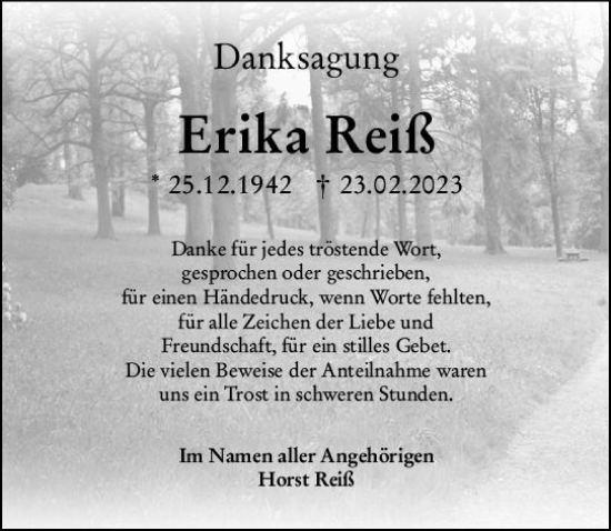 Traueranzeige von Erika Reiß von Allgemeine Zeitung Alzey