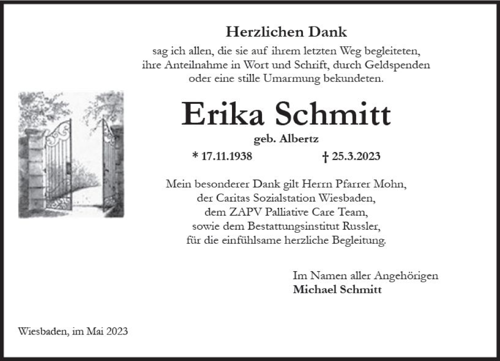  Traueranzeige für Erika Schmitt vom 06.05.2023 aus Wiesbadener Kurier