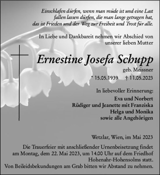 Traueranzeige von Ernestine Josefa Schupp von Wetzlarer Neue Zeitung