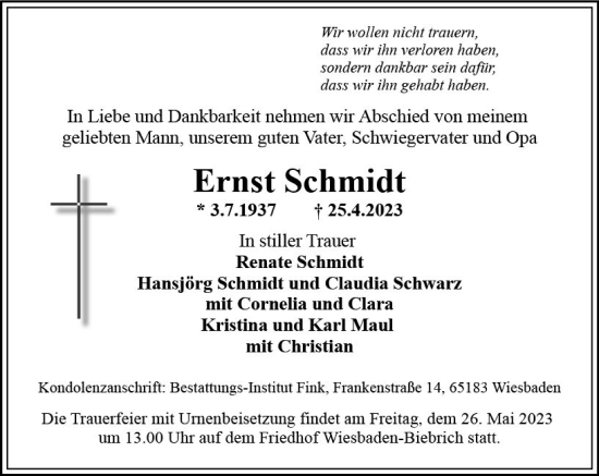 Traueranzeige von Ernst Schmidt von Wiesbadener Kurier