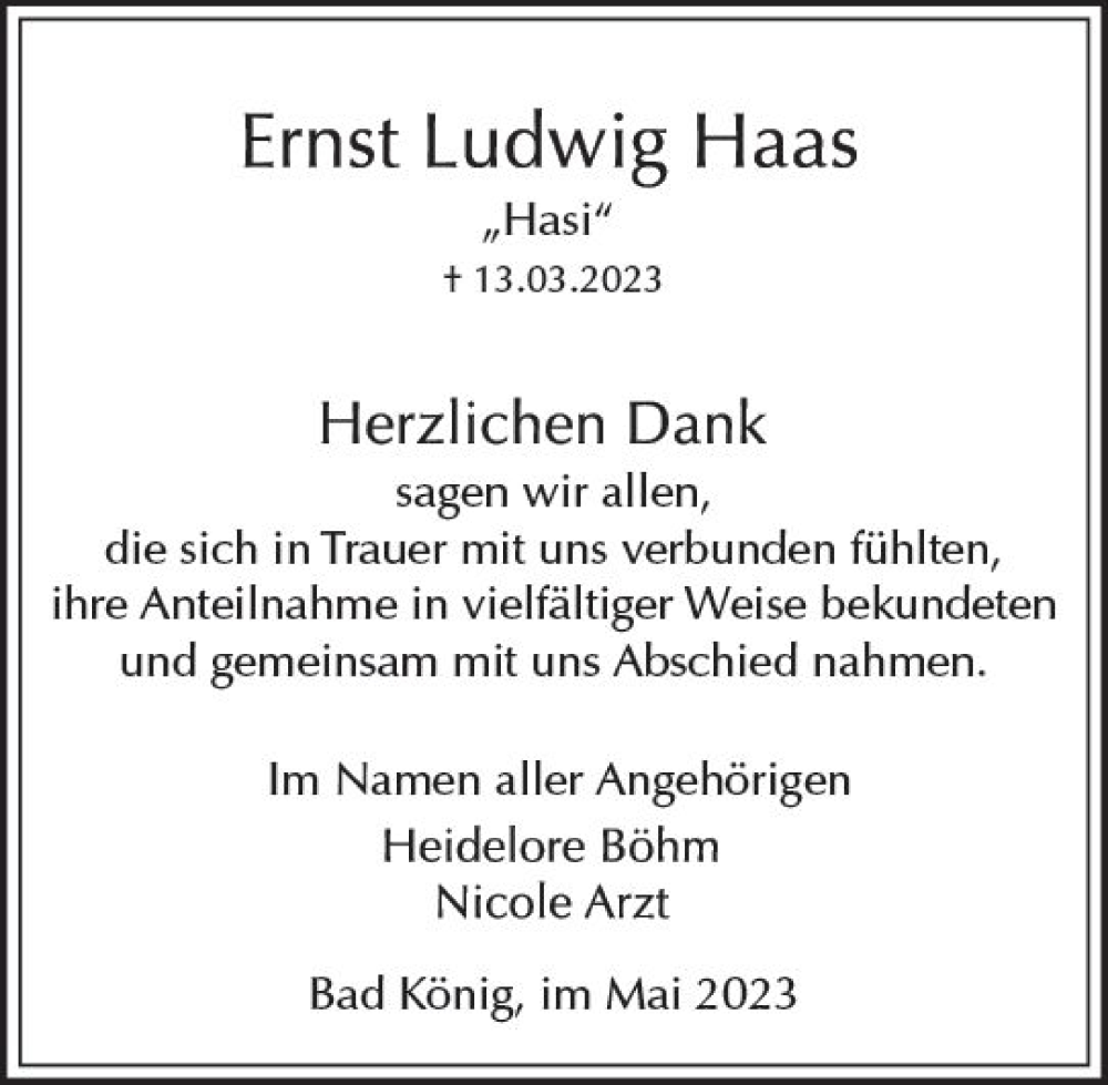  Traueranzeige für Ernst Ludwig Haas vom 13.05.2023 aus Odenwälder Echo