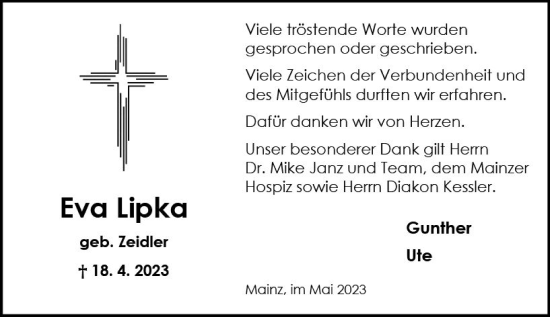 Traueranzeige von Eva Lipka von Allgemeine Zeitung Mainz