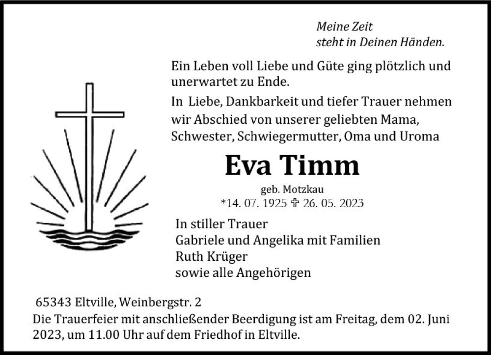 Traueranzeige für Eva Timm vom 31.05.2023 aus Rheingau Kurier