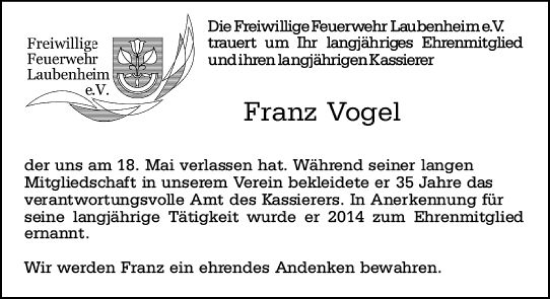 Traueranzeige von Franz Vogel von Allgemeine Zeitung Mainz