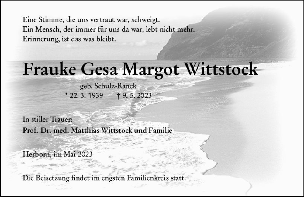  Traueranzeige für Frauke Gesa Margot Wittstock vom 15.05.2023 aus Dill Block
