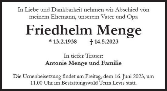 Traueranzeige von Friedhelm Menge von Wiesbadener Kurier
