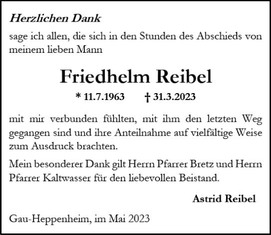 Traueranzeige von Friedhelm Reibel von Allgemeine Zeitung Alzey