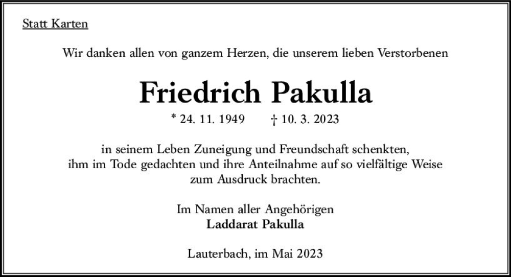  Traueranzeige für Friedrich Pakulla vom 06.05.2023 aus Oberhessen Kurier