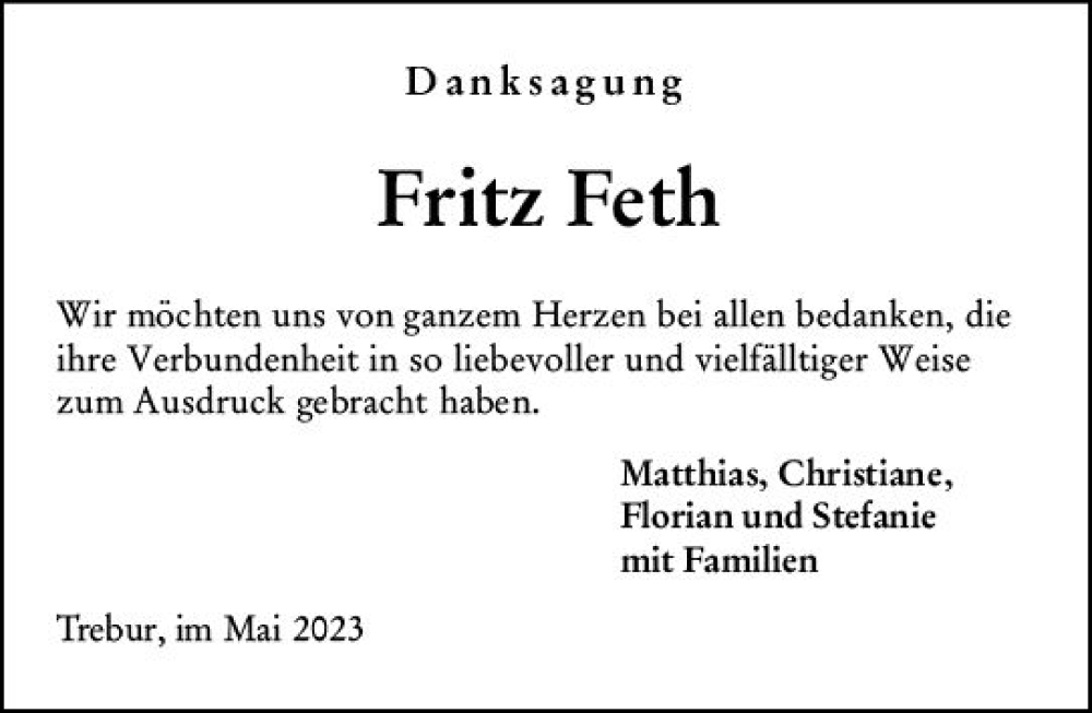  Traueranzeige für Fritz Feth vom 13.05.2023 aus Rüsselsheimer Echo