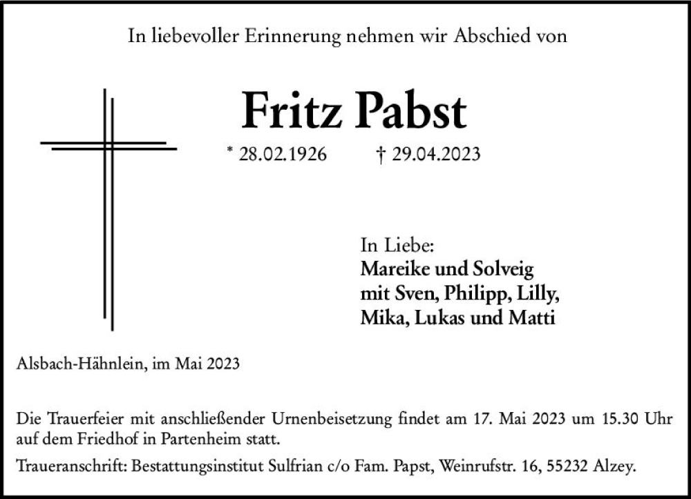  Traueranzeige für Fritz Pabst vom 13.05.2023 aus Darmstädter Echo
