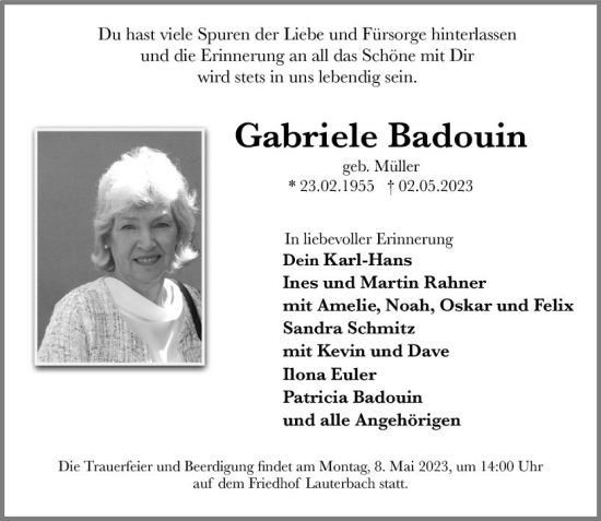 Traueranzeige von Gabriele Badouin von VRM Trauer