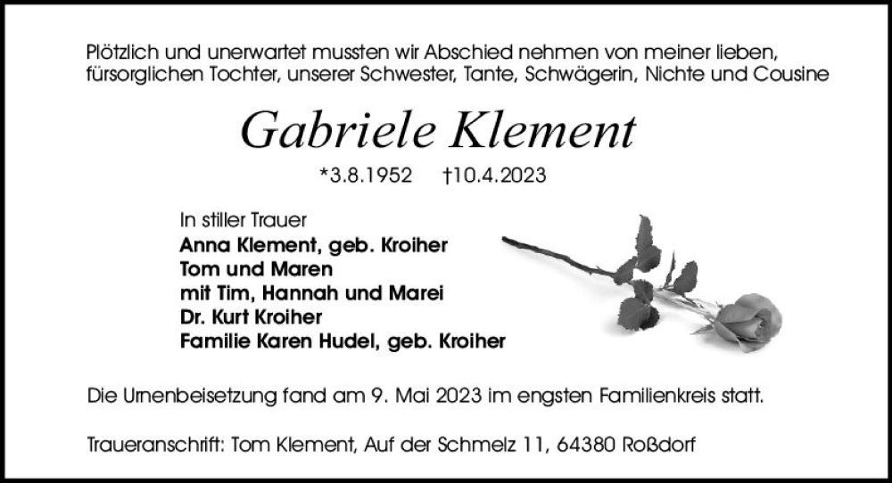  Traueranzeige für Gabriele Klement vom 13.05.2023 aus Darmstädter Echo