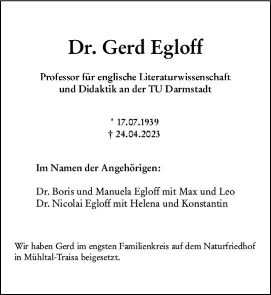 Traueranzeige von Gerd Egloff von Darmstädter Echo