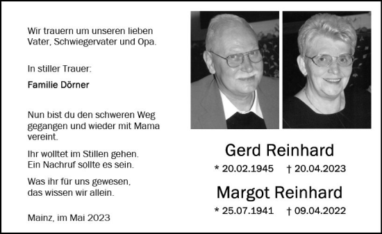 Traueranzeige von Gerd Reinhard von Allgemeine Zeitung Mainz