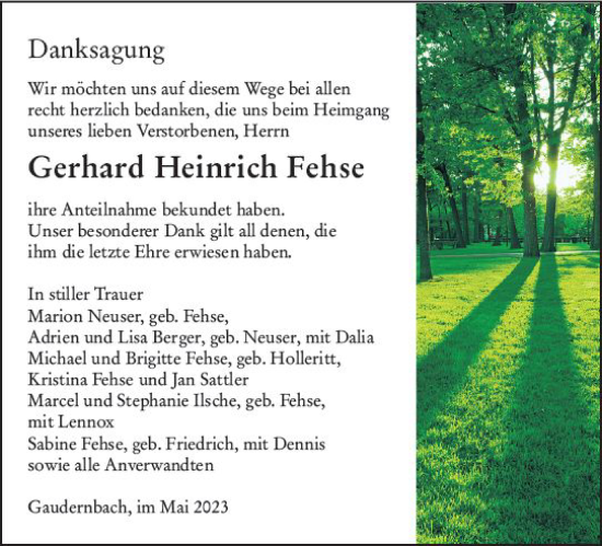 Traueranzeige von Gerhard Heinrich Fehse von Weilburger Tageblatt
