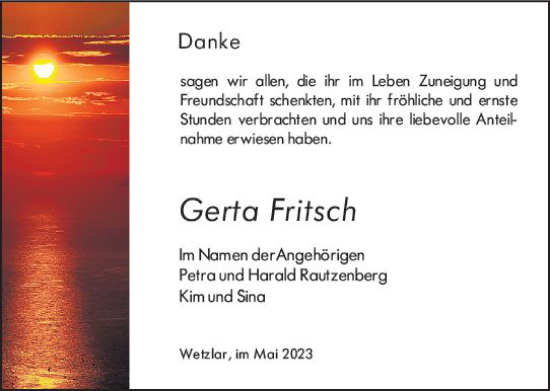 Traueranzeige von Gerta Fritsch von Wetzlarer Neue Zeitung