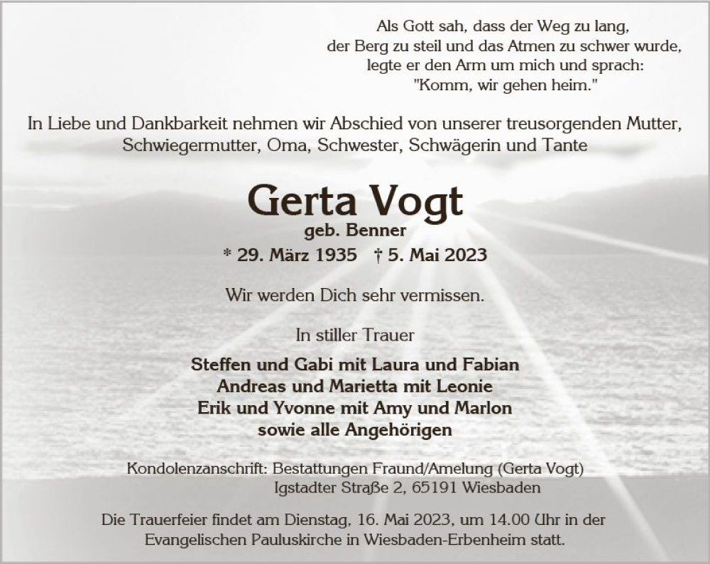  Traueranzeige für Gerta Vogt vom 13.05.2023 aus Wiesbadener Kurier