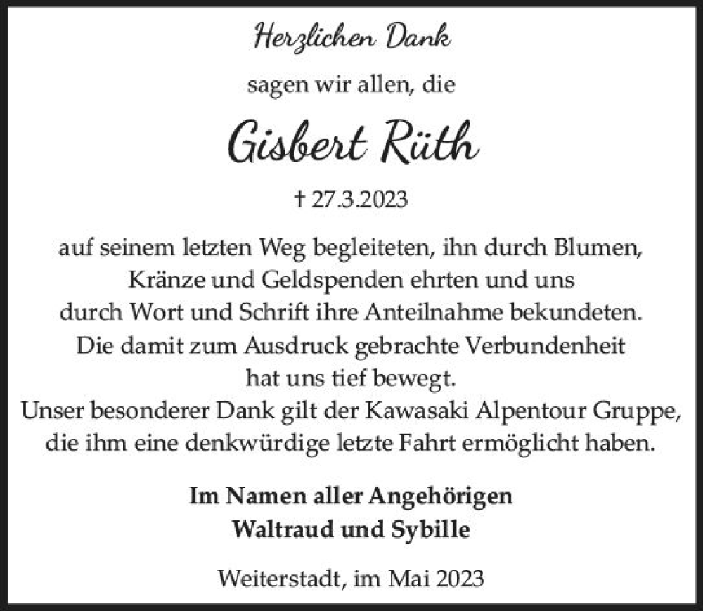  Traueranzeige für Gisbert Rüth vom 13.05.2023 aus Darmstädter Echo