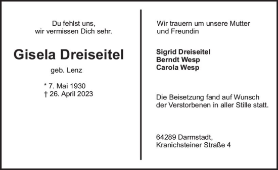 Traueranzeige von Gisela Dreiseitel von Darmstädter Echo