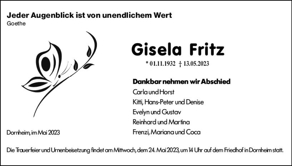  Traueranzeige für Gisela Fritz vom 20.05.2023 aus Groß-Gerauer Echo