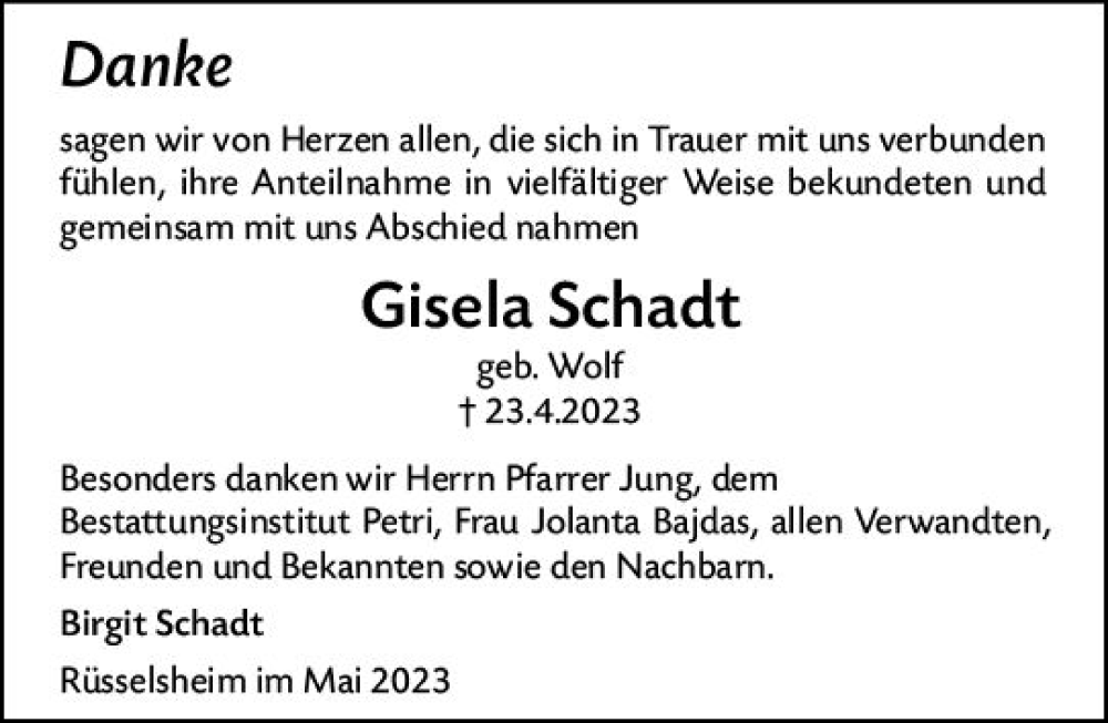  Traueranzeige für Gisela Schadt vom 20.05.2023 aus Rüsselsheimer Echo