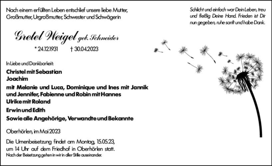 Traueranzeige von Gretel Weigel von Hinterländer Anzeiger