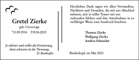 Traueranzeige von Gretel Zierke von Hinterländer Anzeiger