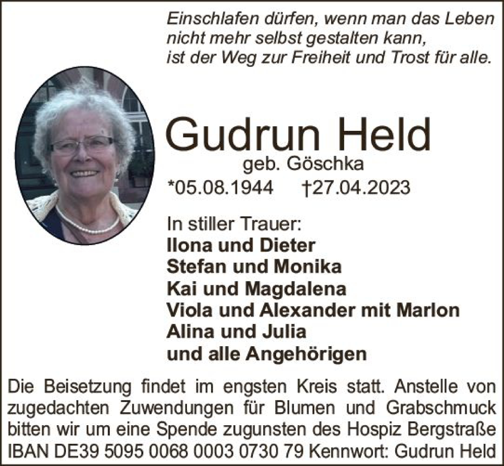  Traueranzeige für Gudrun Held vom 13.05.2023 aus Starkenburger Echo