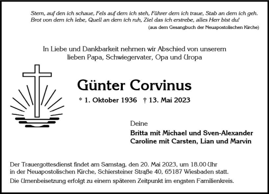 Traueranzeige von Günter Corvinus von Wiesbadener Kurier