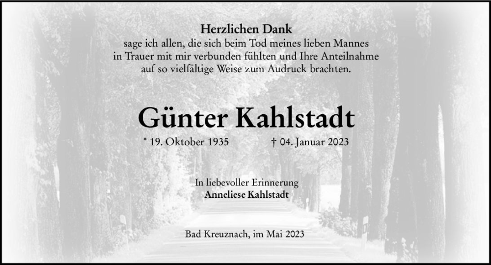  Traueranzeige für Günter Kahlstadt vom 27.05.2023 aus Allgemeine Zeitung Bad Kreuznach