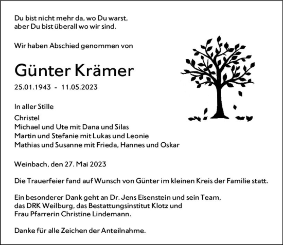 Traueranzeige von Günter Krämer von Weilburger Tageblatt