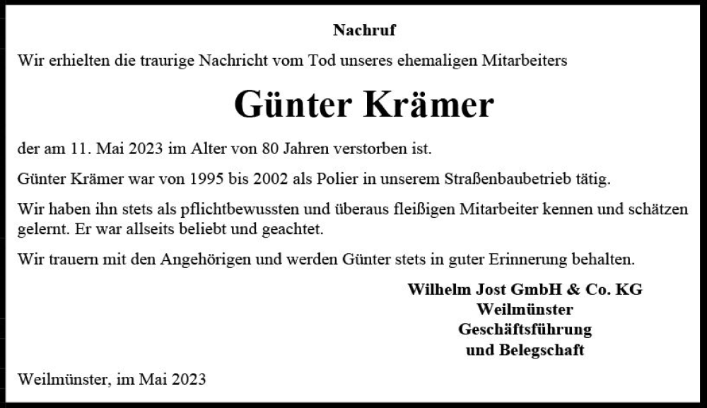  Traueranzeige für Günter Krämer vom 20.05.2023 aus Weilburger Tageblatt