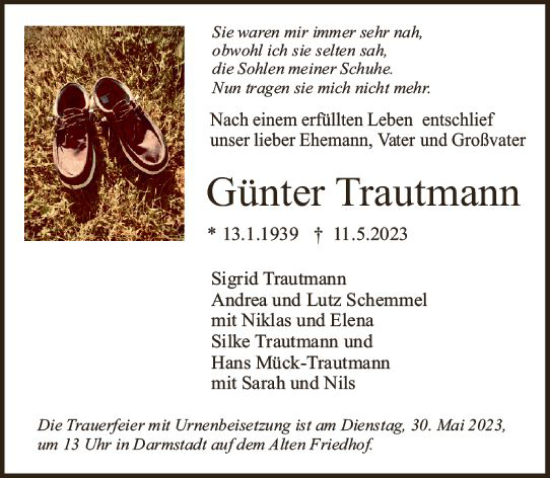 Traueranzeige von Günter Trautmann von Darmstädter Echo
