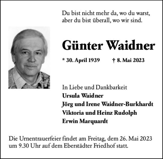Traueranzeige von Günter Waidner von Darmstädter Echo