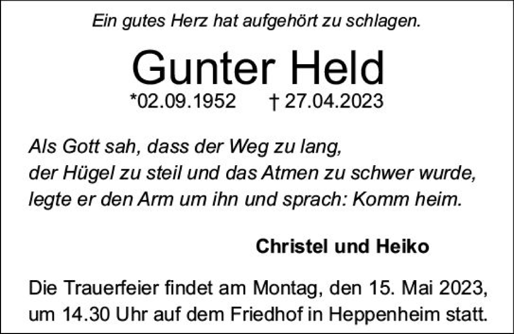  Traueranzeige für Gunter Held vom 11.05.2023 aus Starkenburger Echo
