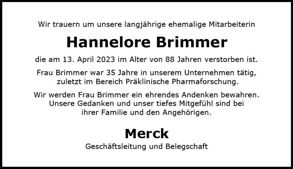  Traueranzeige für Hannelore Brimmer vom 06.05.2023 aus Darmstädter Echo