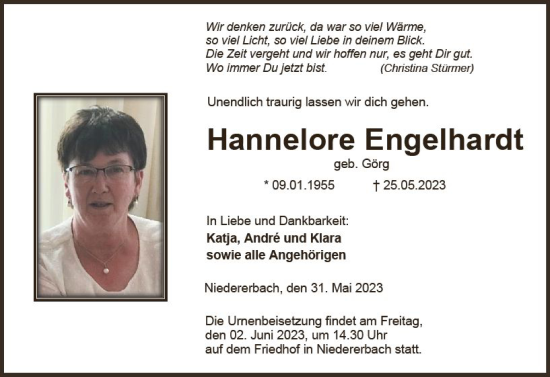Traueranzeige von Hannelore Engelhardt von Nassauische Neue Presse