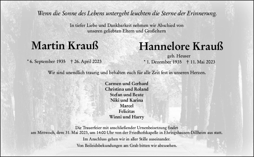  Traueranzeige für Hannelore Krauß vom 26.05.2023 aus Wetzlarer Neue Zeitung
