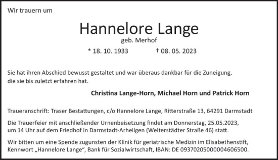 Traueranzeige von Hannelore Lange von Darmstädter Echo