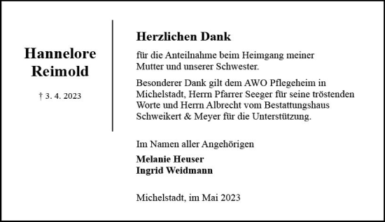 Traueranzeige von Hannelore Reimold von Odenwälder Echo