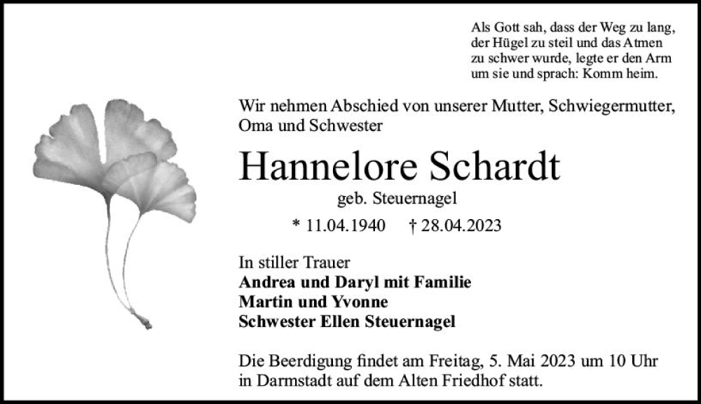  Traueranzeige für Hannelore Schardt vom 03.05.2023 aus Darmstädter Echo