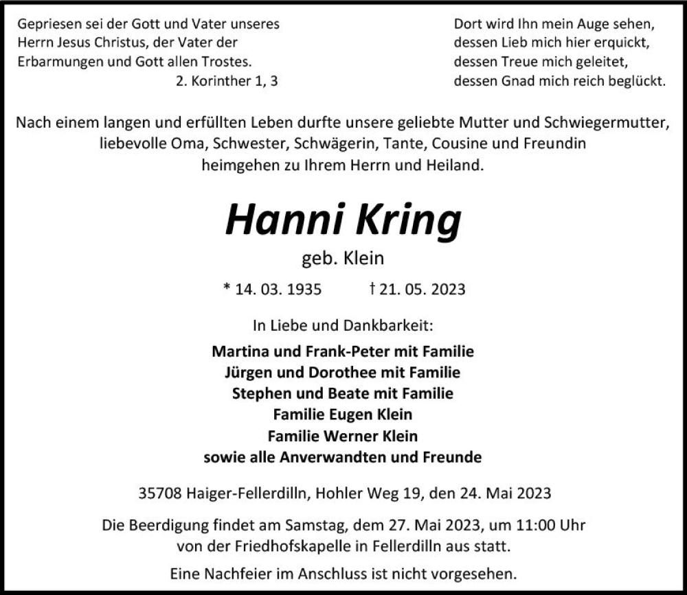  Traueranzeige für Hanni Kring vom 24.05.2023 aus Dill Block