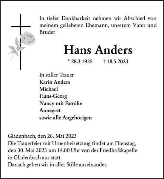 Traueranzeige von Hans Anders von Hinterländer Anzeiger