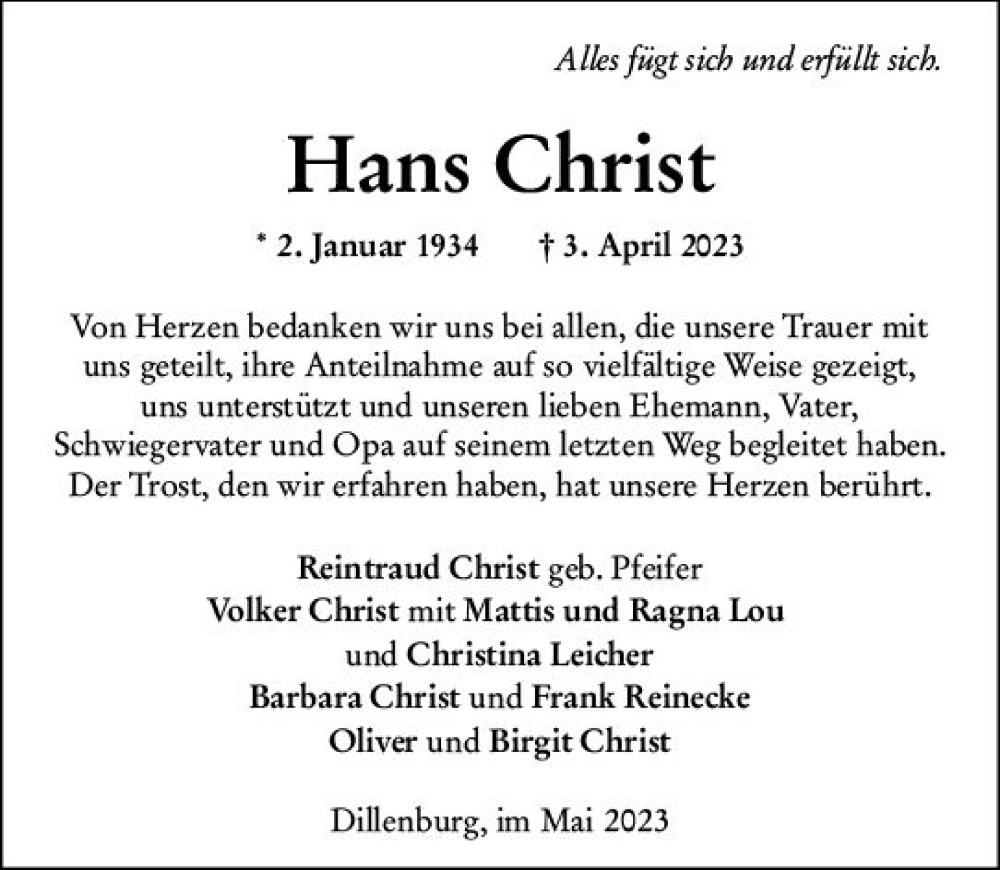  Traueranzeige für Hans Christ vom 20.05.2023 aus Dill Block