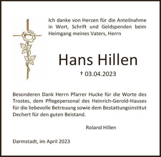Traueranzeige von Hans Hillen von Darmstädter Echo