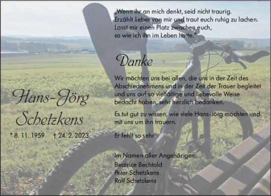 Traueranzeige von Hans-Jörg Schetzkens von Wetzlarer Neue Zeitung