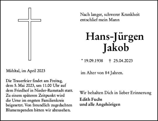 Traueranzeige von Hans-Jürgen Jakob von Darmstädter Echo