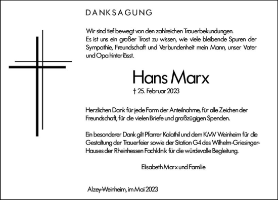Traueranzeige von Hans Marx von Allgemeine Zeitung Alzey