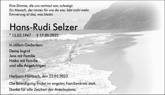 Traueranzeige von Hans-Rudi Selzer von Dill Block
