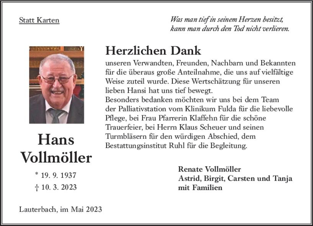  Traueranzeige für Hans Vollmöller vom 20.05.2023 aus Oberhessen Kurier